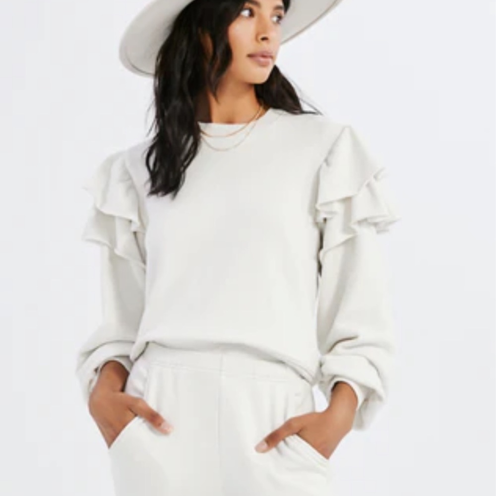 Something Navy Cream Ruffle Trim Shoulder Crewneck Sweatshirt